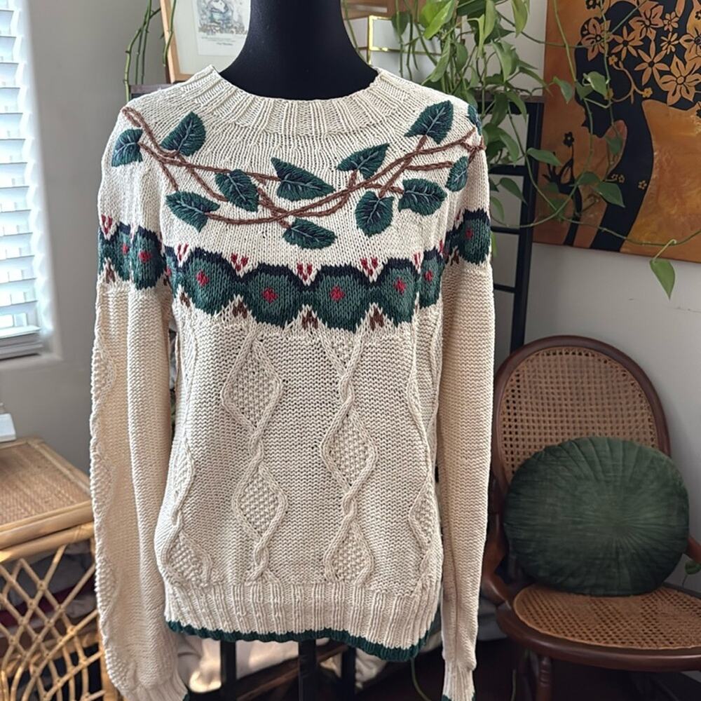 Vintage Abercrombie & Fitch Cream Diamond Knit Leaf Vine Preppy Pullover Sweater